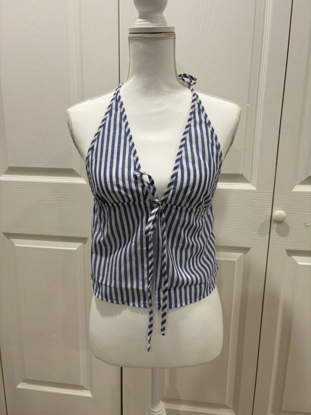 SHEIN Blue and White Striped Halter Tie-Front Cami
